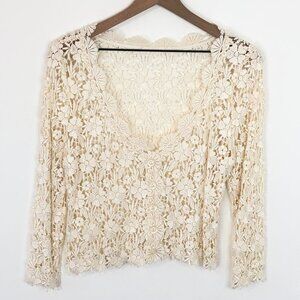 Surrealist Floral Lace Cardigan Women Small Button Up 3/4 Sleeve Champagne